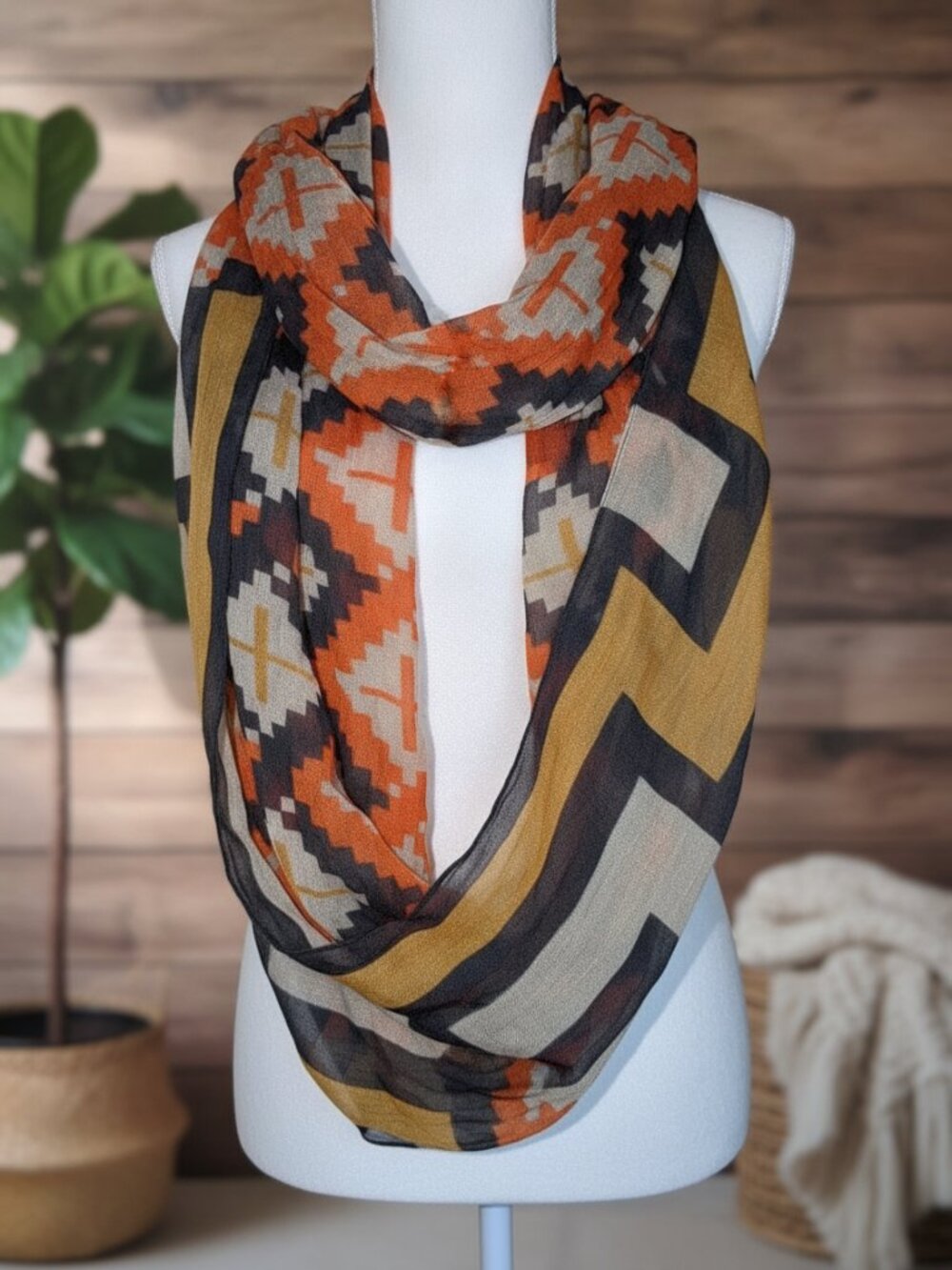 Geometric Infinity scarf Orange Black Tan and Camel